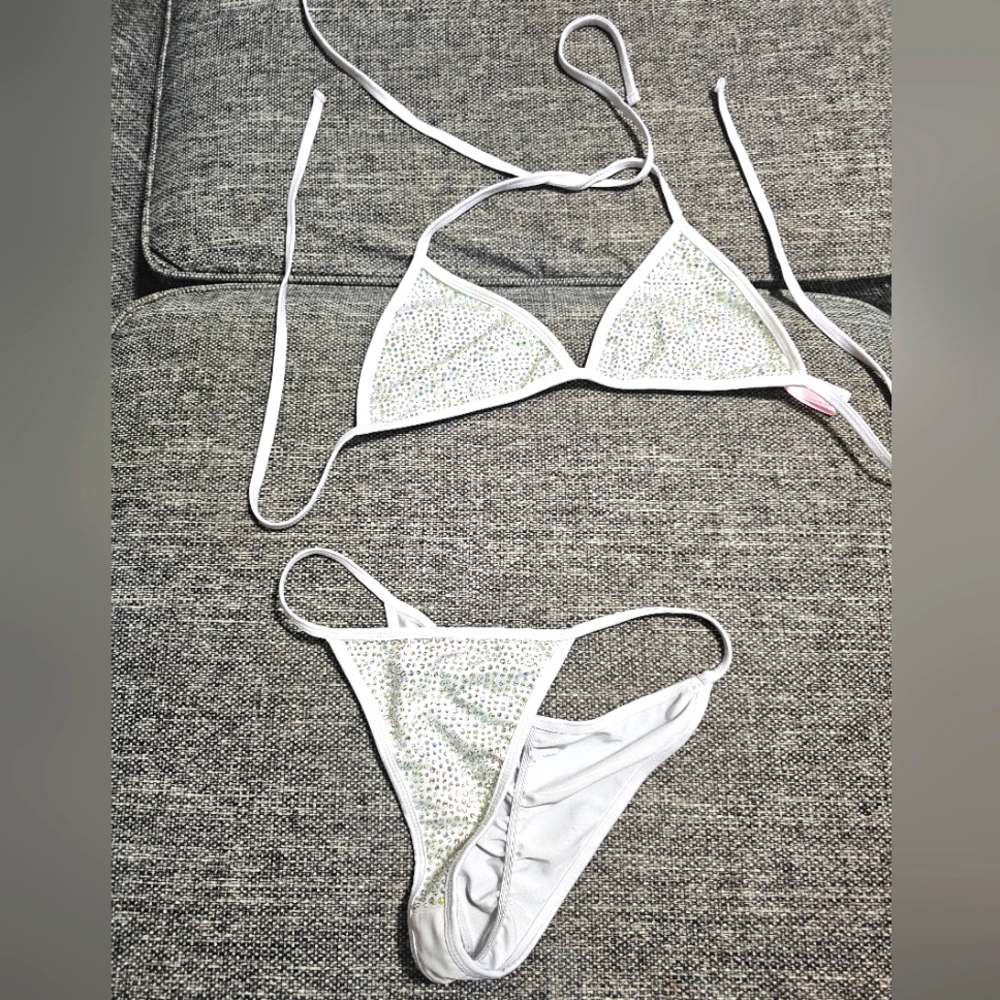 White rhineston swimwear S top M bottoms